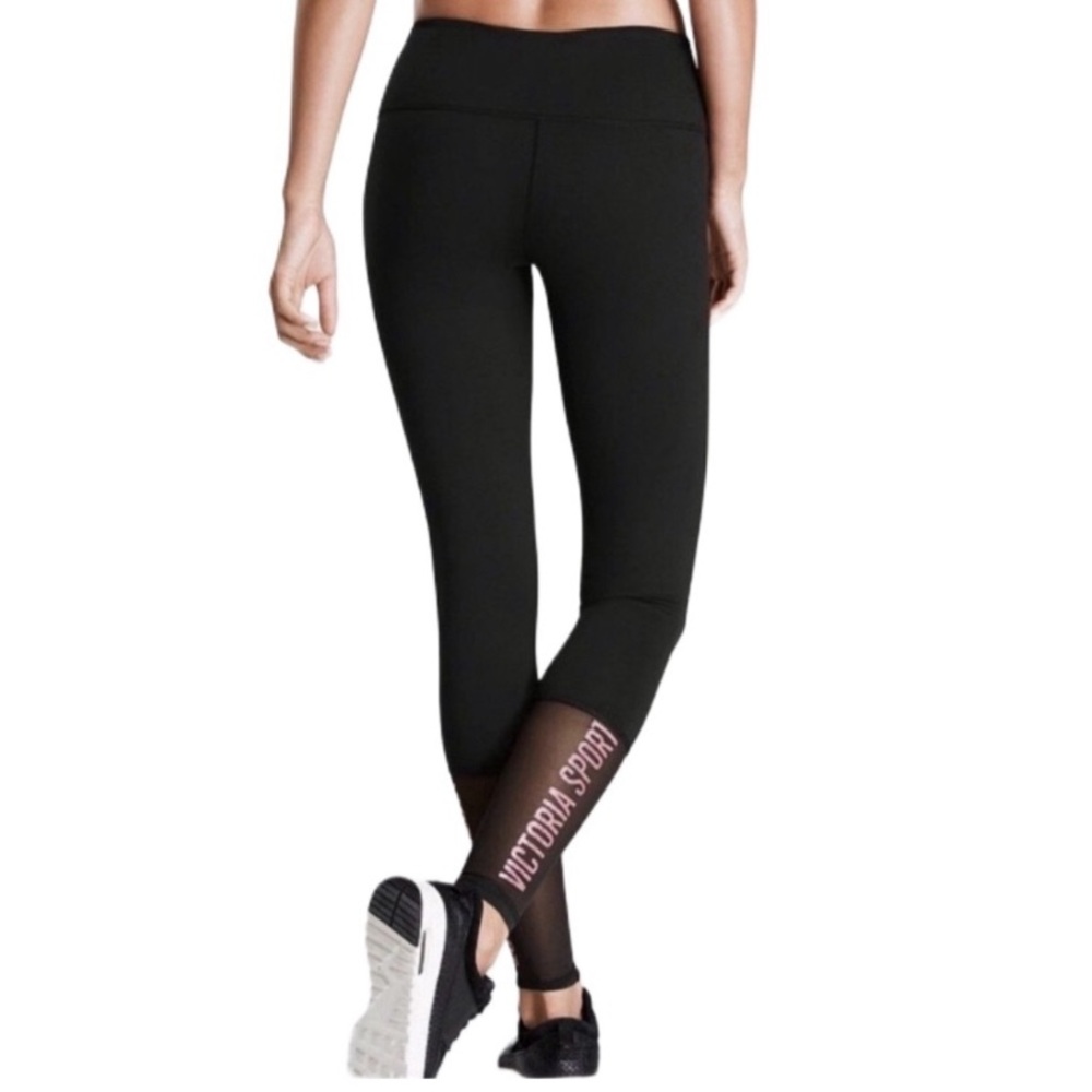 Victoria Secret Sport knockout leggings, black & pink logo, mesh bottom. Medium